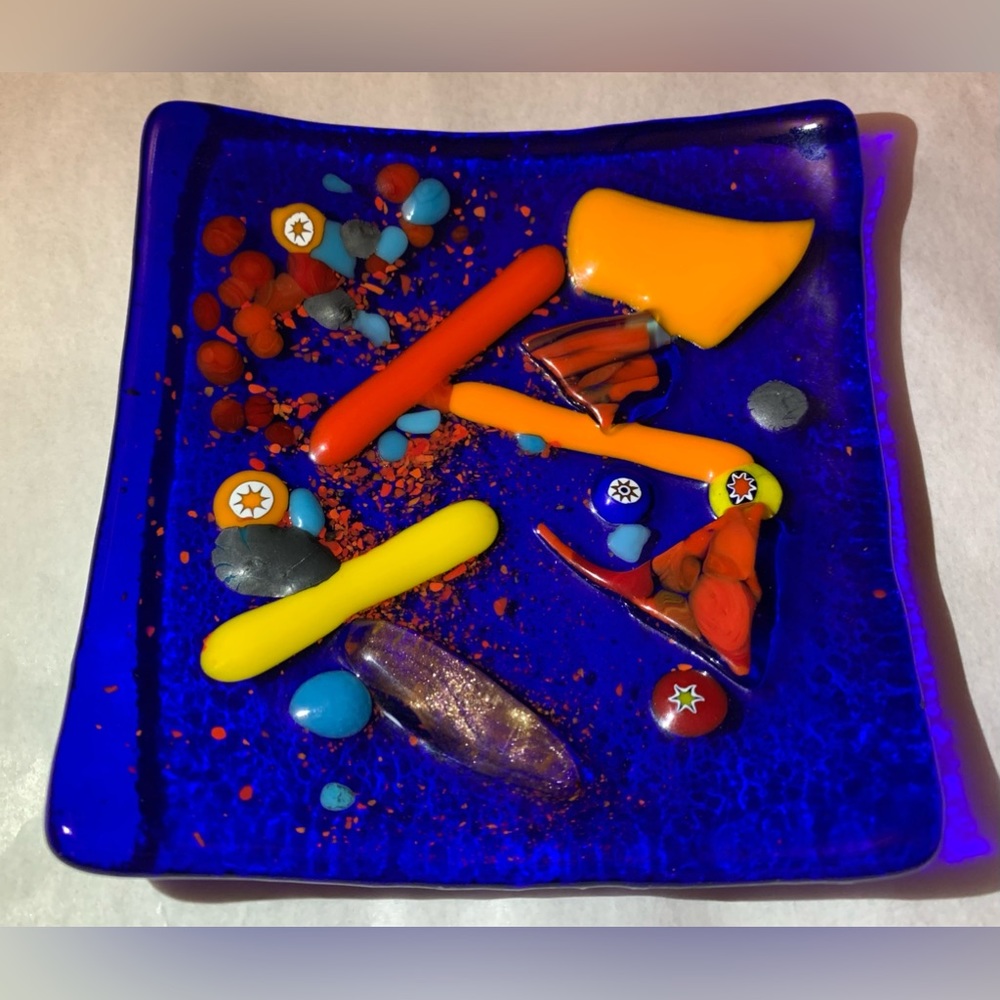 New Italian Murano Fused Art Glass Cobalt from VENICE ITALY Trinket Dish 3.5”Sqr